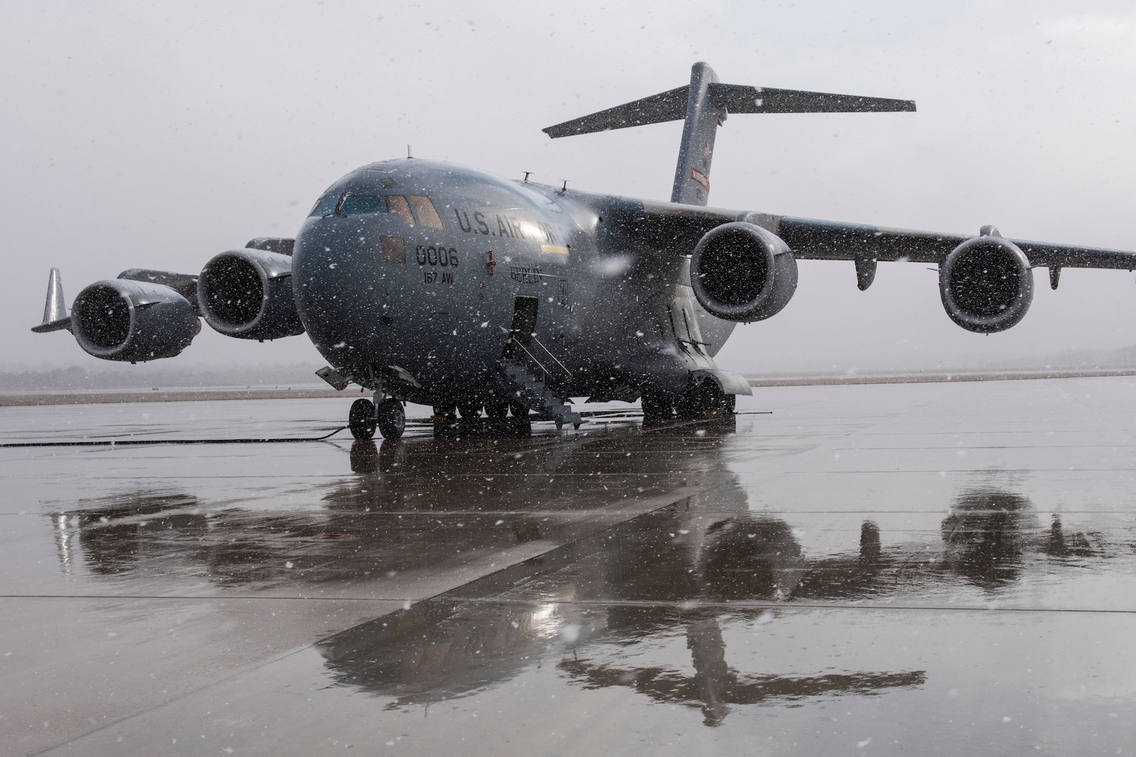 A 167th Airlift Wing C-17 Globemaster III aircraft sits on the tarmac at the Combat Readiness Training Center in Alpena, Mich., Nov. 5, 2019. Approximately 300 members of the 167th Airlift Wing, Martinsburg, W.Va., deployed to the training base, Nov. 3-7, for a full-scale readiness exercise.