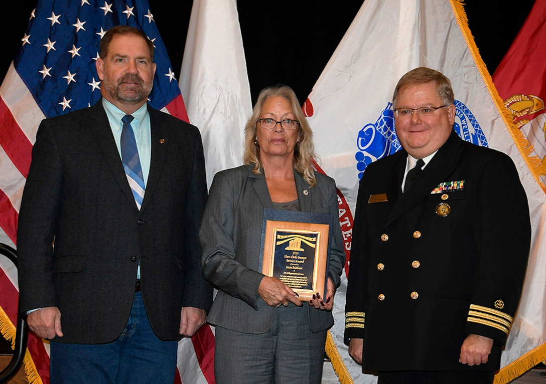 DLA Disposition Services’ Irene McKeen (center) is awarded a 2019 Hart-Dole-Inouye Federal Center Service Award Nov. 8. Also pictured are DLA Disposition Services Director Mike Cannon and Battle Creek Military Affairs Committee Chairman T.R. Shaw, U.S. Navy, retired.
