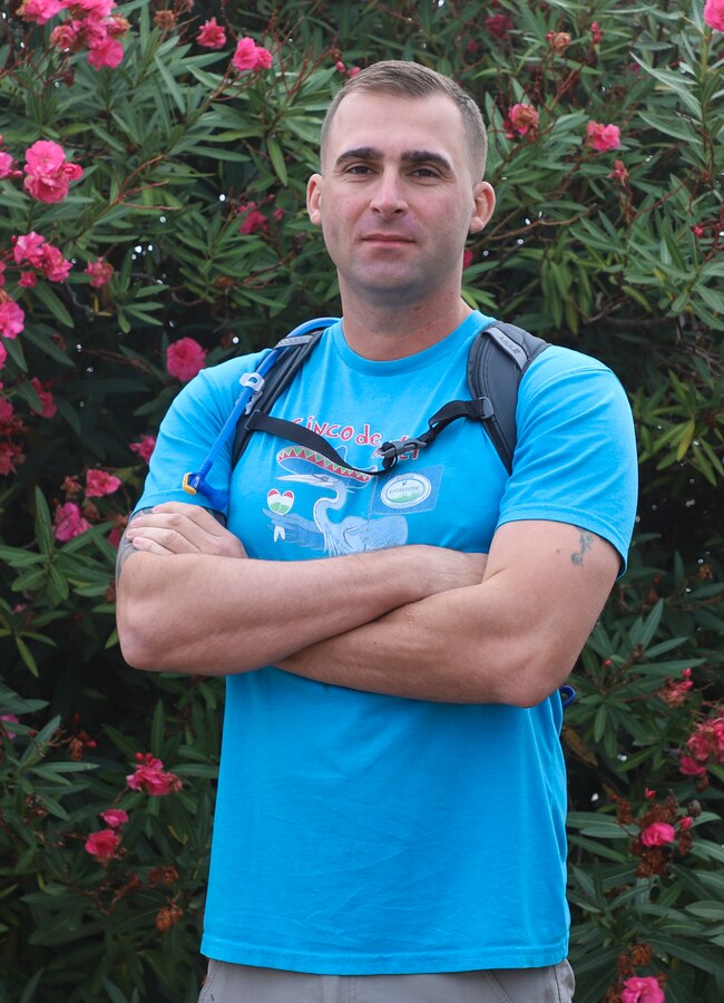U.S. Marine Gunnery Sgt. Lukas Atwell, the Communication Strategy and Operations staff noncommissioned officer in charge with 1st Marine Division, poses for a photo on Nov. 7, 2019. Atwell walked 64.82 miles in a 24-hour period Oct. 19, and raised more than $6,000 dollars in support of 24 charities through pledges. (U.S. Marine Corps photo by Cpl Megan Roses)