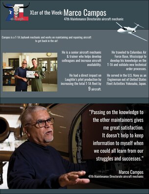 Marco Campos, a 47th Maintenance Directorate aircraft mechanic, was chosen by wing leadership to be the “XLer of the Week” of Nov. 4, 2019 at Laughlin Air Force Base, Texas. Campos was chosen by wing leadership to be the “XLer of the Week” of Nov. 4, 2019. (U.S. Air Force photo by Senior Airman Marco A. Gomez)