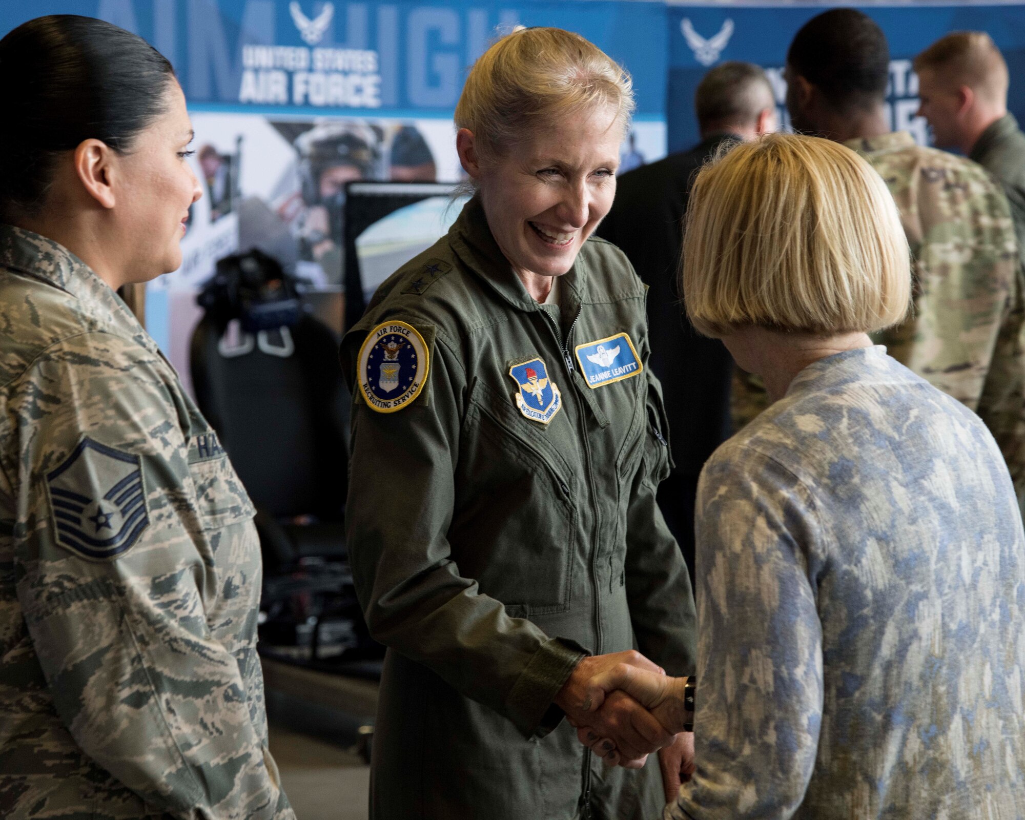 Maj. Gen. Jeannie Leavitt, Air Force Recruiting Service Commander, talks to Pam Yonker, an Air Force Civic Leader member.