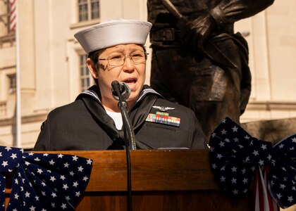 Petty Officer 1st Class Amity Montoya, Navy Medicine Education, Training and Logistics Command’s Sailor of the Year, reads the proclamation from San Antonio Mayor Ron Nirenberg during the 2019 U.S. Military Veterans Wreath-laying Ceremony at the Alamo. The ceremony was part of Celebrate America’s Military  week which is 18 days of events hosted by the San Antonio City Chamber of Commerce to honor active duty, Guard, Reserve and veterans for their service.