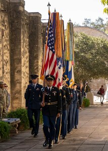 The Joint Base San Antonio Color Guard parades the colors during the 2019 U.S. Military Veterans Wreath-Laying Ceremony at the Alamo Nov. 11. The ceremony was part of Celebrate America’s Military, or CAM, week which is 18 days of events hosted by the San Antonio City Chamber of Commerce to honor active duty, Reserve, Guard and veterans for their service.