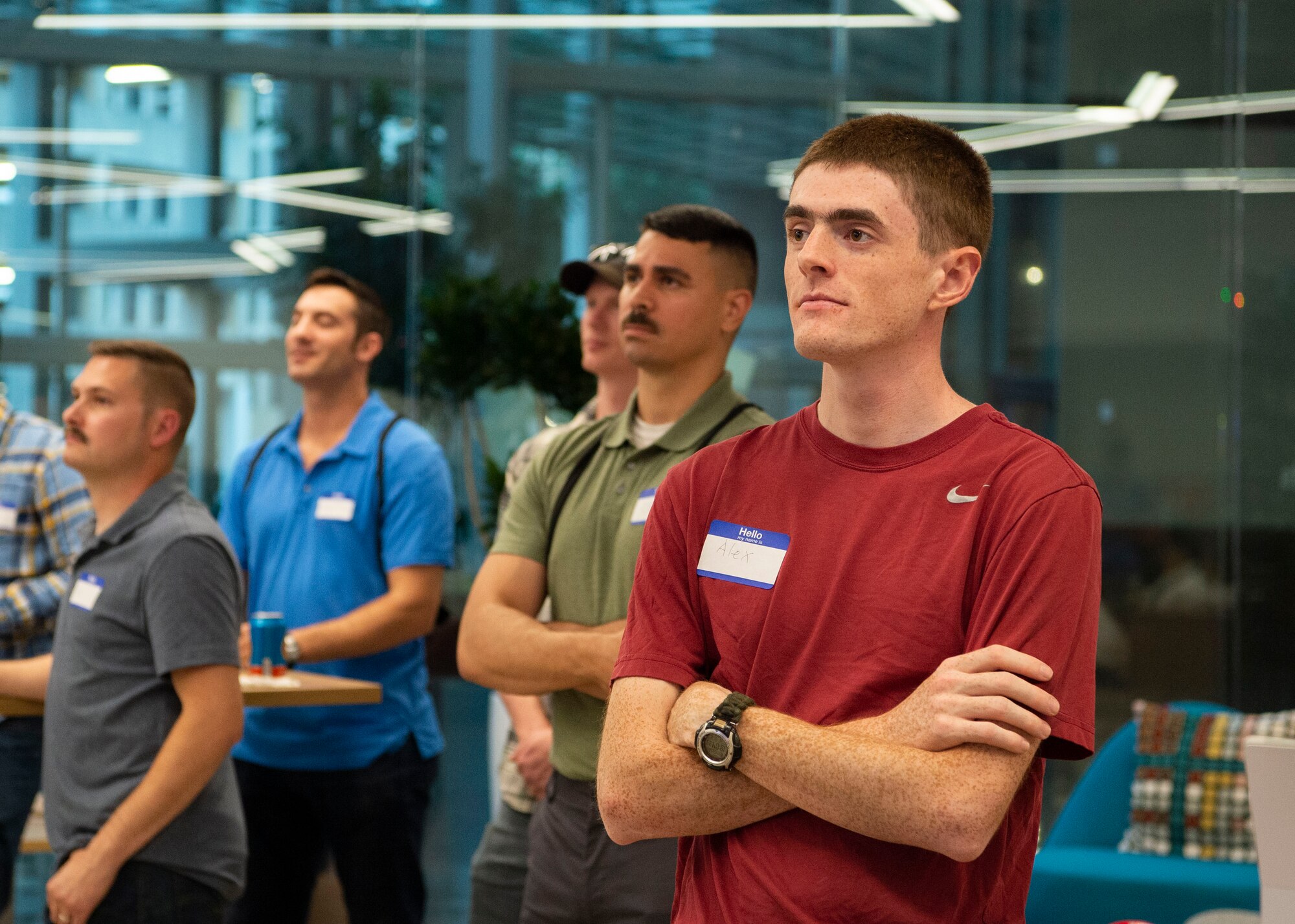 Project NEXUS students attend the course welcome event at the AFWERX-Austin hub, Texas, July 8, 2019. Designed by the Air Education and Training Command Technology Integration Detachment, the beta test program was designed to fuel organic technology problem solving efforts for Airmen in their day-to-day workplaces. (Air National Guard Photo by Staff Sgt. Jordyn Fetter)