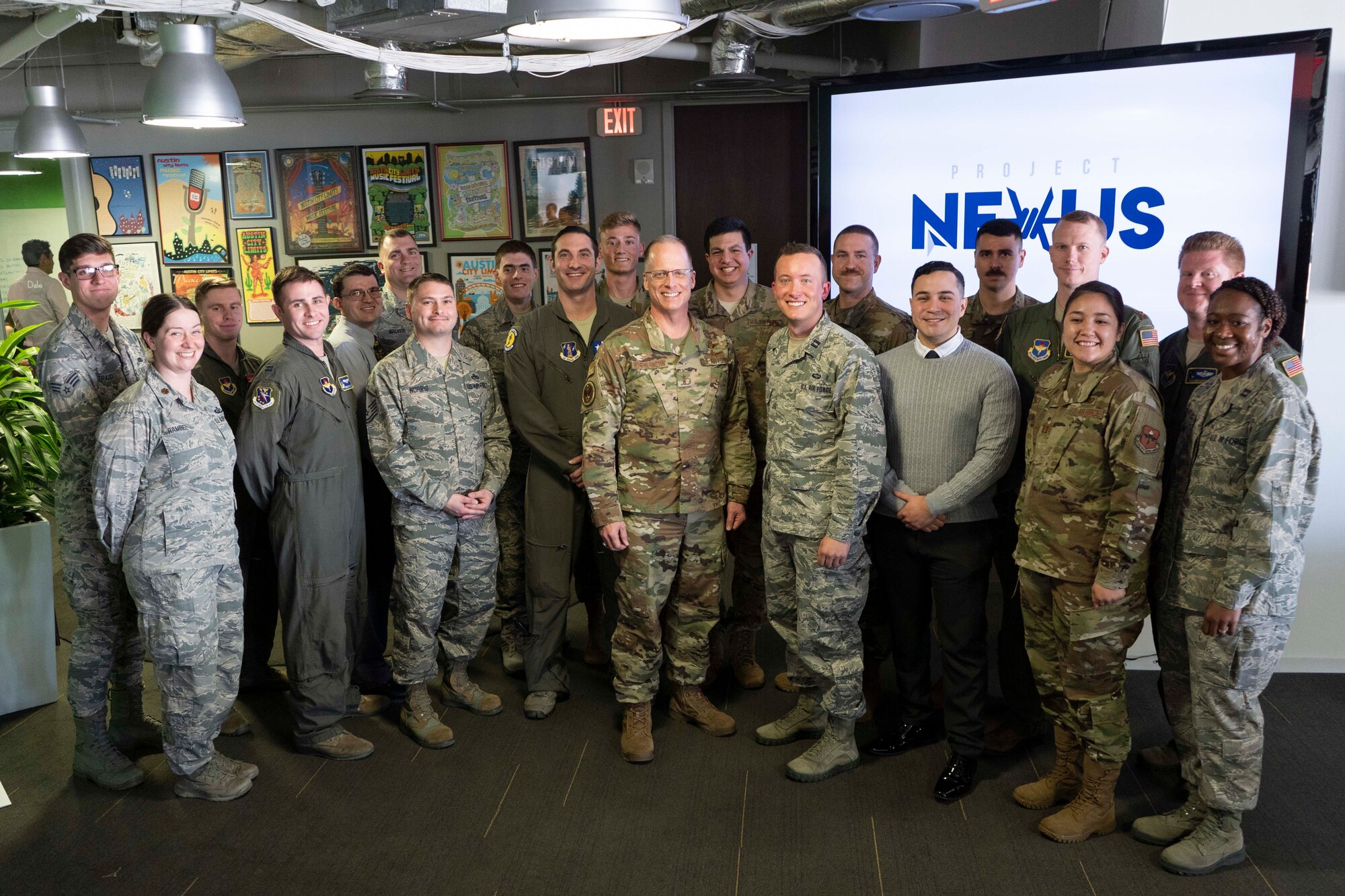 U.S. Air Force Maj. Gen. Mark Weatherington, Air Education and Training Command deputy commander, stands with the first class of the Project NEXUS program after their graduation ceremony Nov. 4, 2019, at the Capital Factory in Austin, Texas. Designed by the AETC Technology Integration Detachment and hosted by the AFWERX-Austin hub, the beta test program was designed to fuel organic technology problem solving efforts for Airmen in their day-to-day workplaces. (Air National Guard Photo by Staff Sgt. Jordyn Fetter)