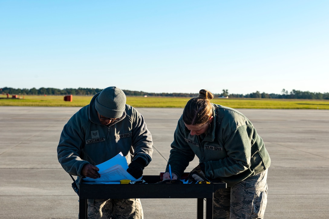 Staff Sgt. Mauricio Castaneda, left, 23d Logistics Readiness Squadron (LRS) assistant NCO in charge of air terminal operations, and Staff Sgt. Megan Morgan, 23d LRS air transportation specialist, in-check equipment and cargo through a cargo deployment function during exercise FT 20-01 Nov. 13, 2019, at Moody Air Force Base, Ga. FT 20-01 is a force generation exercise designed to validate the 23d Wing's ability to deploy the 75th Fighter Squadron in support of contingency operations. The 23d LRS conducted a staging area for cargo and equipment where they ensured all resources were properly weighed prior to being loaded onto a simulated aircraft. (U.S. Air Force photo by Senior Airman Erick Requadt)