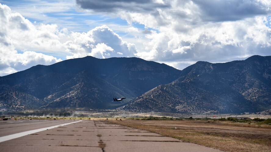 A U.S. Air Force F-15E Strike Eagle, assigned to Mountain Home Air Force Base, Idaho, takes off from the flightline at Libby Army Airfield, Arizona, Nov. 5, 2019. Multiple assets from AFBs, Marine Corps Air Station Miramar, California, and Fort Huachuca, Arizona, collaborated with the 355th Wing to construct the forward-focuses concept of Bushwhacker 19-08. (U.S. Air Force photo by Senior Airman Mya M. Crosby)