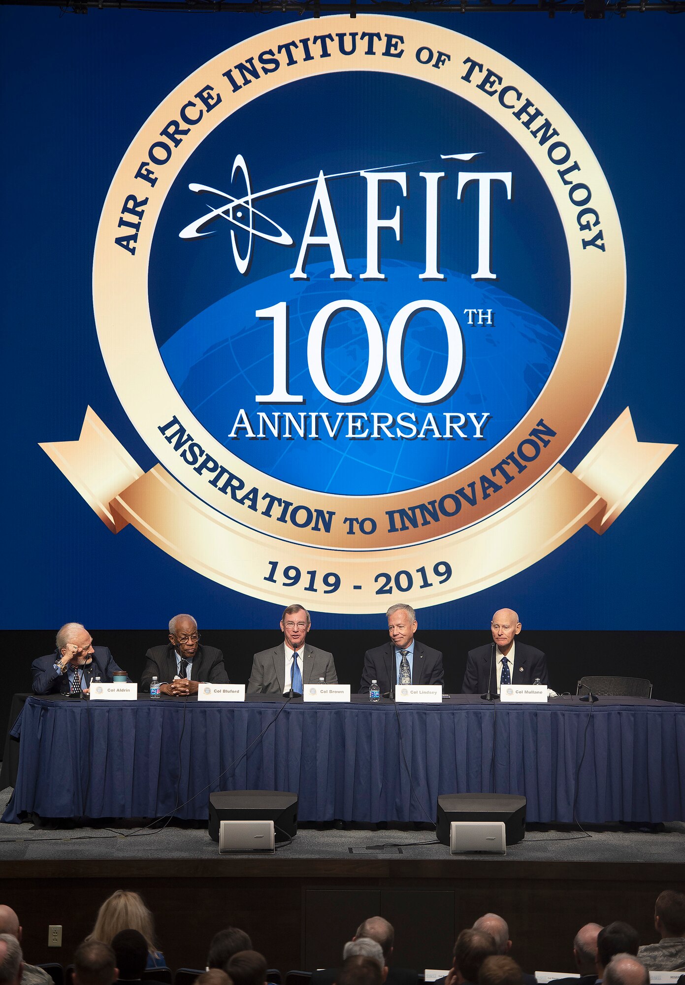 A panel of Air Force Institute of Technology alumni who went on to become astronauts discuss how AFIT impacted their careers and the future of space as part of the AFIT Centennial Symposium on Wright-Patterson Air Force Base, Ohio, Nov. 7, 2019. The panel, which included Buzz Aldrin, the second man on the moon, and Guy Bluford, the first African-American in space, also took questions from the audience of AFIT students. (U.S. Air Force photo by R.J. Oriez)
