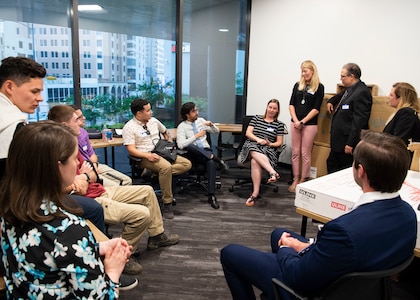 Project NEXUS students meet with their respective cohorts during the welcome event at the AFWERX-Austin hub, Texas, July 8, 2019. Designed by the Air Education and Training Command Technology Integration Detachment, the beta test program was designed to fuel organic technology problem solving efforts for Airmen in their day-to-day workplaces with skills like software development, data science, and user interface/user experience design. (Air National Guard Photo by Staff Sgt. Jordyn Fetter)