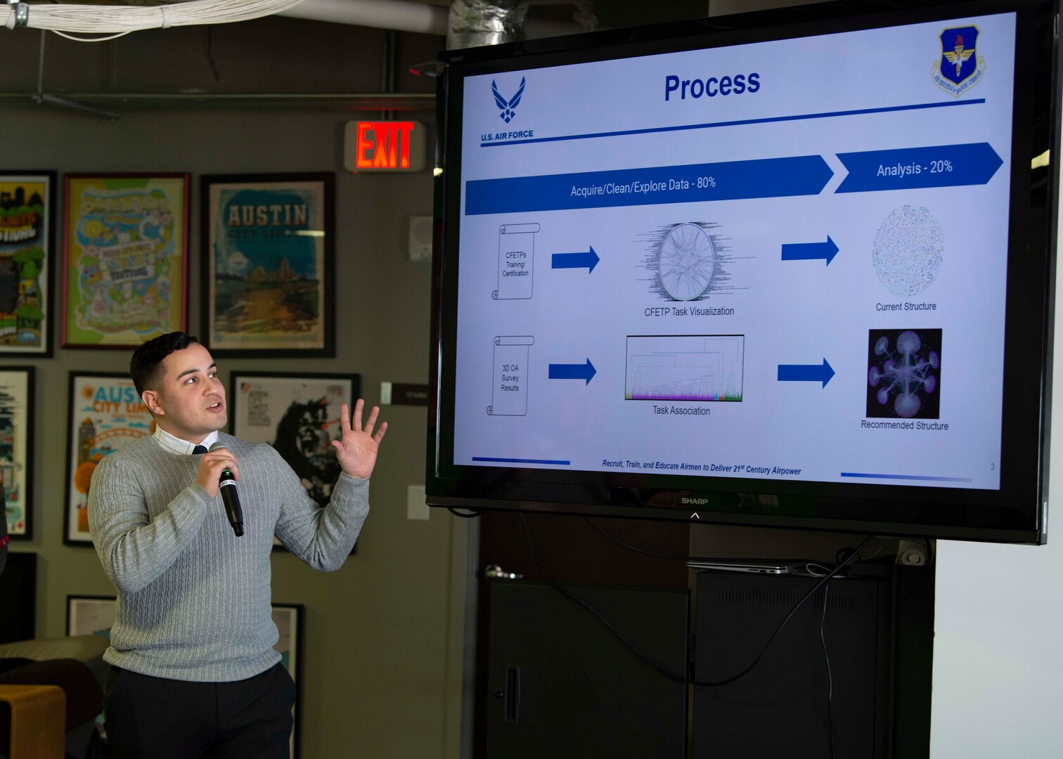 Santos Bonilla, Project NEXUS student and Air Force Office of Special Investigations agent, presents one of the Project NEXUS capstone projects during the graduation on Nov. 4, 2019. Designed by the Air Education and Training Command Technology Integration Detachment, the beta test program was designed to fuel organic technology problem solving efforts for Airmen in their day-to-day workplaces with skills like software development, data science, and user interface/user experience design. (Air National Guard Photo by Staff Sgt. Jordyn Fetter)
