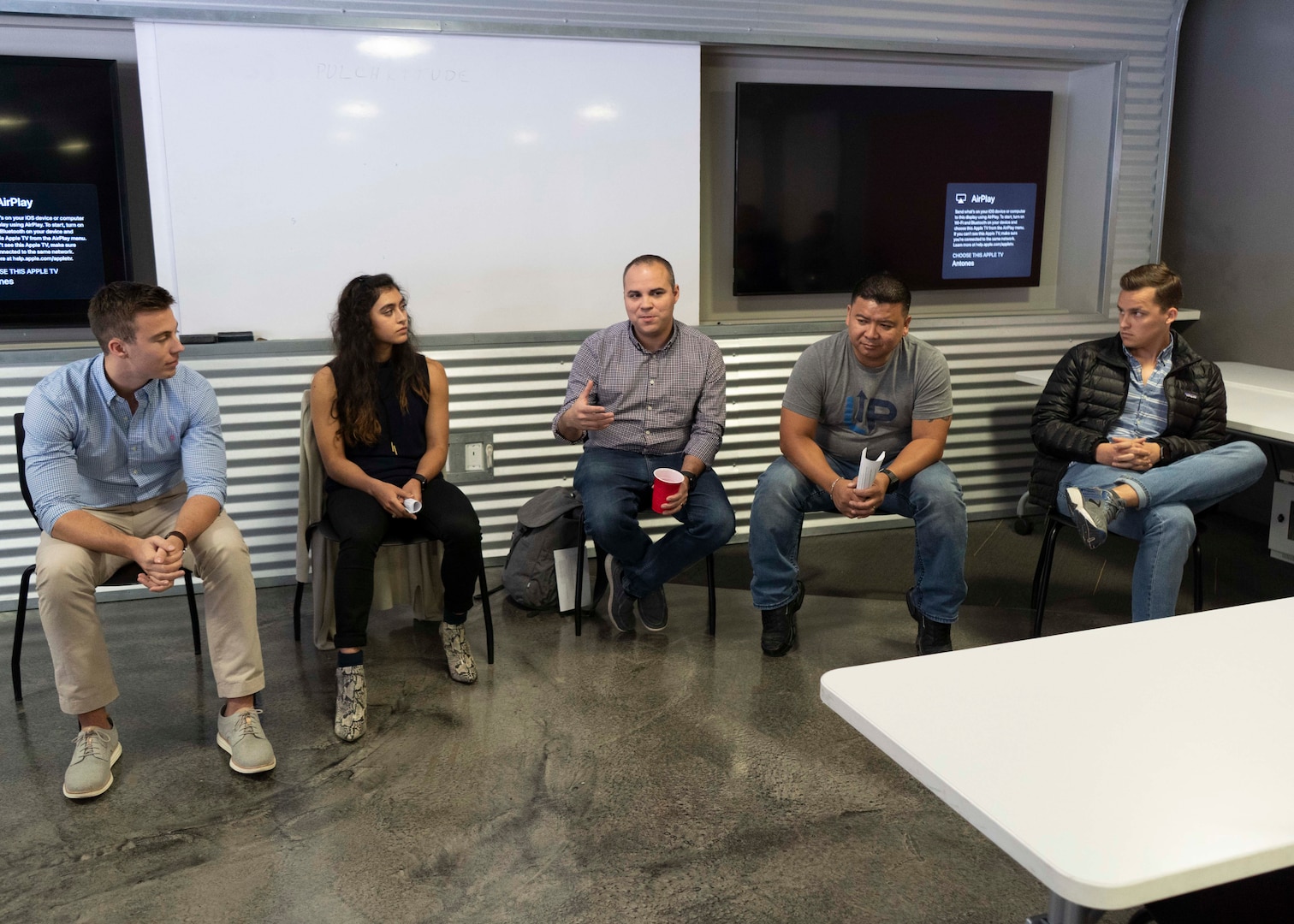 Members of the U.S. Air Force’s solution center teams from LevelUP, KesselRun, Space CAMP, and Shadow OC sit on a panel during Project NEXUS’ final mentorship event at the AFWERX Austin Hub, Texas, Oct. 16, 2019. Designed by the Air Education and Training Command Technology Integration Detachment, the beta test program was designed to fuel organic technology problem solving efforts for Airmen in their day-to-day workplaces with skills like software development, data science, and user interface/user experience design.(Air National Guard Photo by Staff Sgt. Jordyn Fetter)