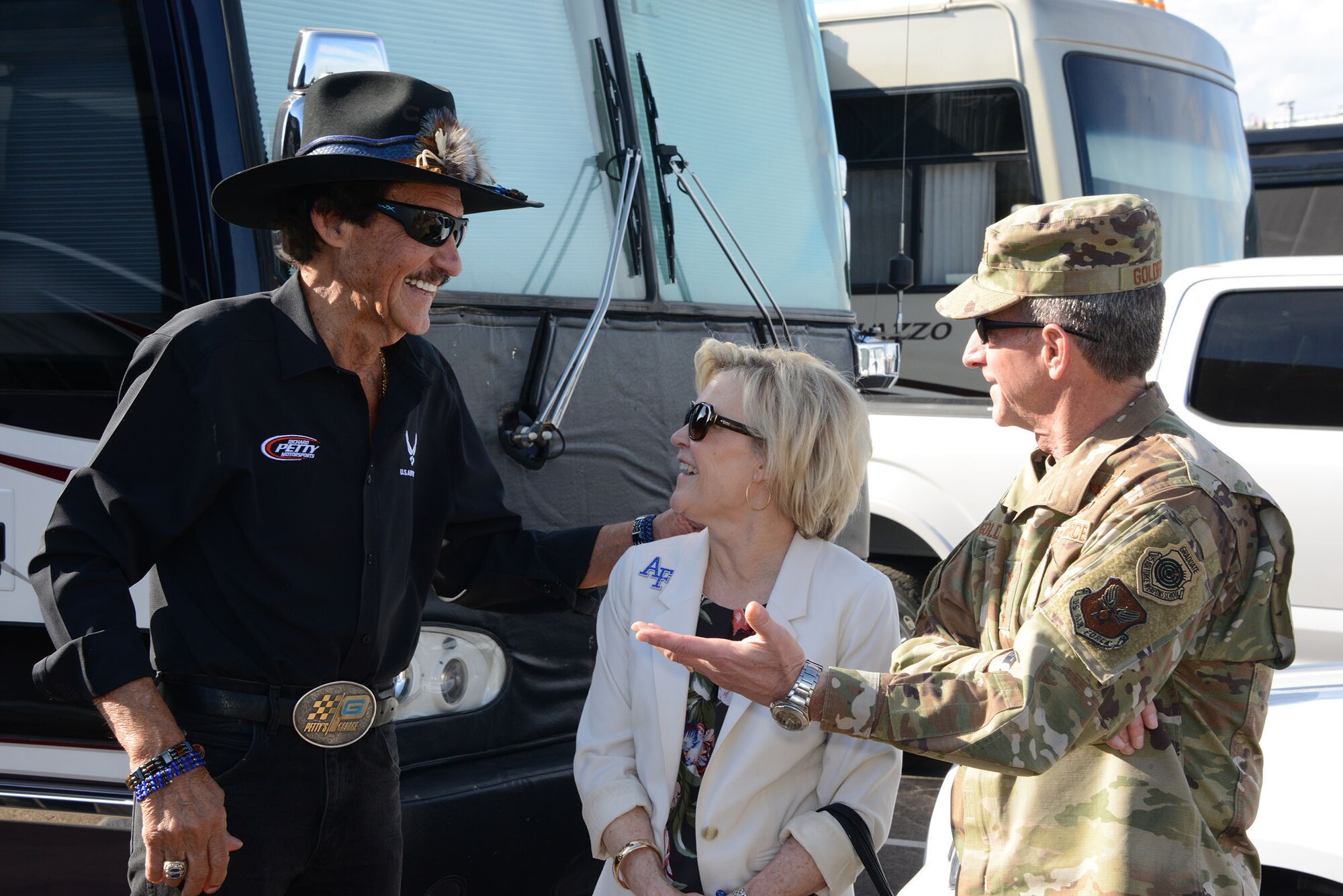 Richard Petty of Richard Petty Motorsports meets with Gen. David L. Goldfein, Air Force chief of staff and his wife Daw Goldfein prior to the race