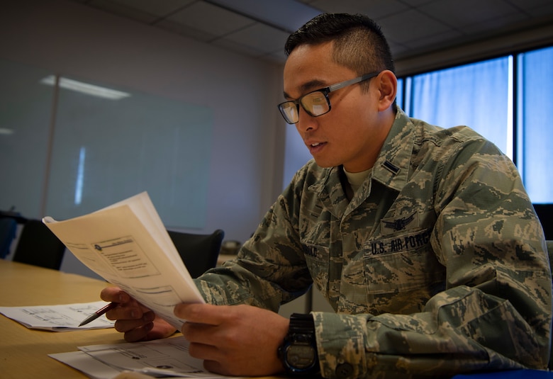 First Lt. Seth-Mitchell Trambulo, 50th Operations Support Squadron student, studies his coursework at Schriever Air Force Base, Colorado, Nov. 12, 2019.  The 50th OSS is currently hosting its largest course with 64 Airmen in preparation for upcoming changes to space training. (U.S. Air Force photo by Airman 1st Class Jonathan Whitely)