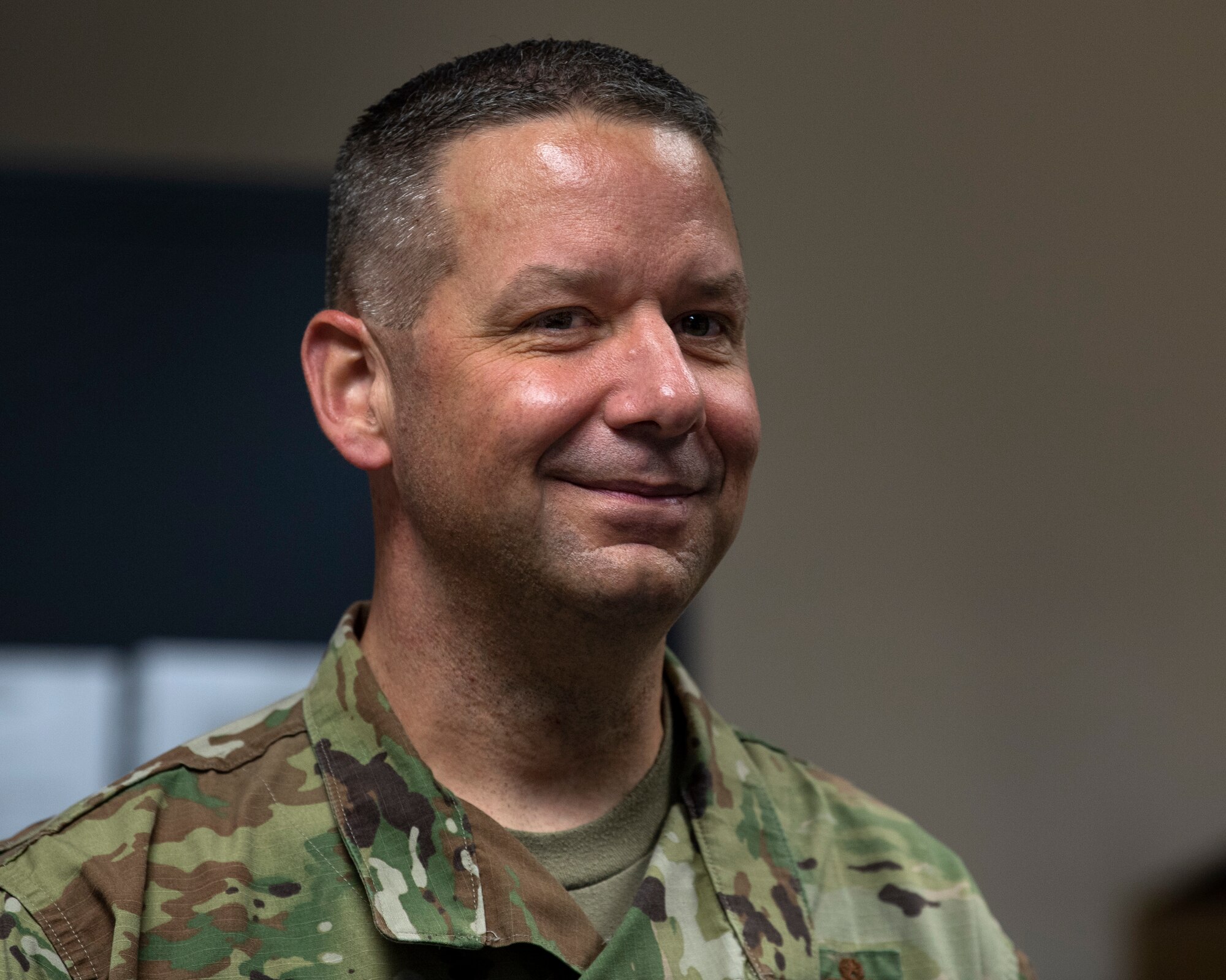 U.S. Air Force Chief Master Sgt. Randy Kwiatkowski, Third Air Force command chief, speaks with Airmen during an immersion tour at Spangdahlem Air Base, Germany, Nov. 13, 2019. As the Third Air Force's senior enlisted leader, he is responsible for advising the commander on issues affecting the health, welfare, morale, training, development, and utilization of nearly 30,000 Airmen. (U.S. Air Force photo by Airman 1st Class Valerie Seelye)