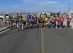 Agencies from around the Klamath Basin start the run portion of a Blue Zones Klamath Falls initiative to promote male health awareness for the month of November at Kingsley Field in Klamath Falls, Ore. Nov. 6, 2019. Klamath Falls Fire District #1, Oregon Department of Forestry, Klamath Falls Police Department. and the 173rd Fighter Wing fielded teams in the initiative.