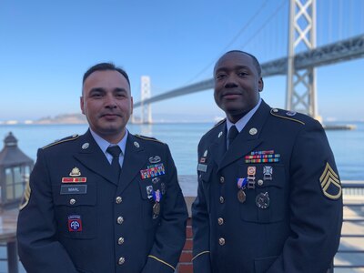 Staff Sgt. Michael Marl and Staff. Sgt. Isaiah Locklear, Army recruiters assigned to the Central California Recruiting Battalion, received the Soldier's Medal during a ceremony held in San Francisco on Nov. 9. The recruiters received this award for their quick actions during a shooting at the Tanforan Mall in San Bruno, California this past July. Marl and Locklear ensured the safety of applicants visiting their recruiting station before running towards the gunfire. They provided aid to two young boys who were injured during the incident.
