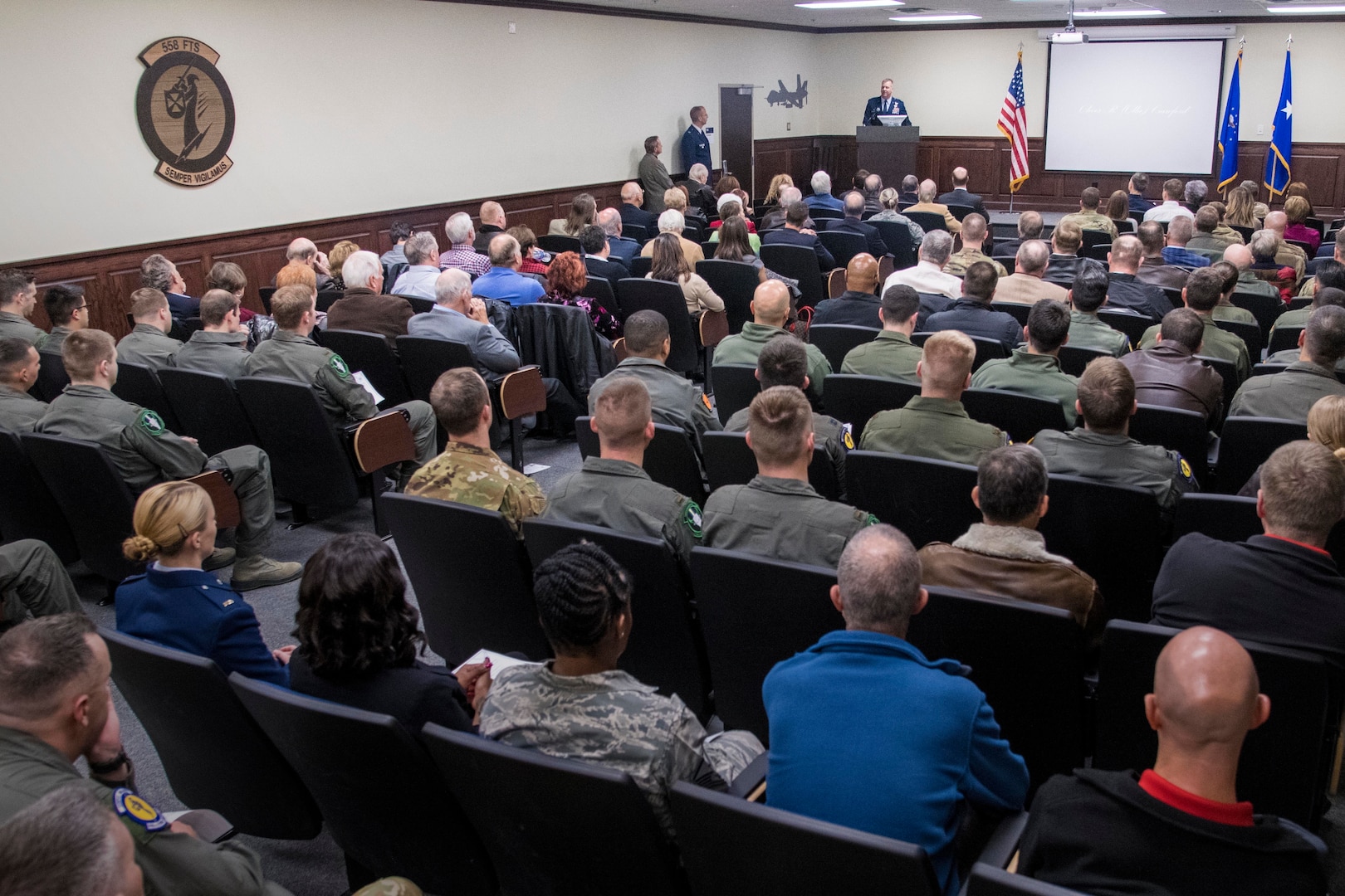 U.S. Air Force Col. Mark Robinson, 12th Flying Training Wing commander, speaks during 558th Flying Training Squadron’s Oliver “Ollie” Crawford building dedication ceremony Nov. 13, 2019, at Joint Base San Antonio-Randolph, Texas. Crawford was a pilot, charter member of the Air Force Association and was instrumental in the formation of the Air Force Memorial in Washington, D.C. Crawford Hall is home to the 558th FTS, which is the sole source for all U.S. Air Force and U.S. Marine Corps undergraduate remotely piloted aircraft pilot and sensor operator training. (U.S. Air Force photo by Sean M. Worrell)