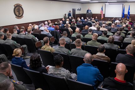 U.S. Air Force Col. Mark Robinson, 12th Flying Training Wing commander, speaks during 558th Flying Training Squadron’s Oliver “Ollie” Crawford building dedication ceremony Nov. 13, 2019, at Joint Base San Antonio-Randolph, Texas. Crawford was a pilot, charter member of the Air Force Association and was instrumental in the formation of the Air Force Memorial in Washington, D.C. Crawford Hall is home to the 558th FTS, which is the sole source for all U.S. Air Force and U.S. Marine Corps undergraduate remotely piloted aircraft pilot and sensor operator training. (U.S. Air Force photo by Sean M. Worrell)