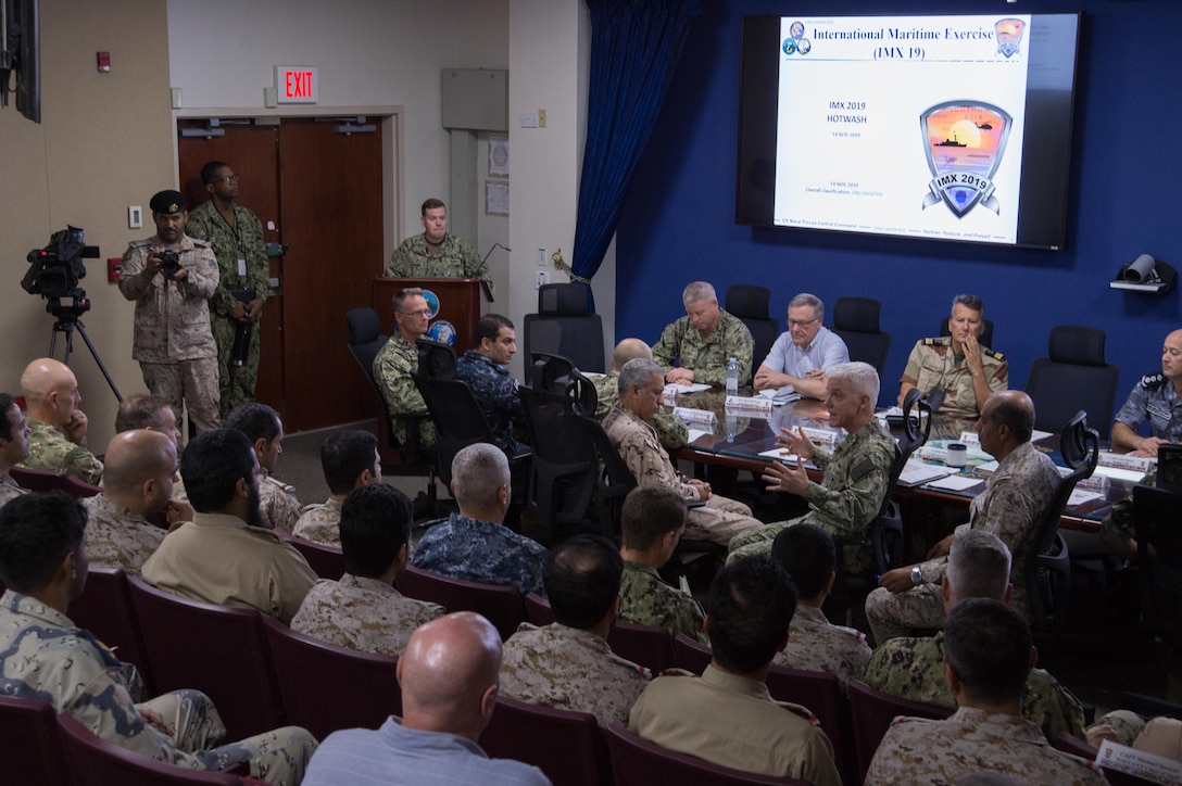 Vice Adm. Jim Malloy, commander of U.S. Naval Forces Central Command and U.S. 5th Fleet and Combined Maritime Forces delivers closing remarks during a conference for the conclusion of International Maritime Exercise 2019 (IMX 19). IMX 19 is a multinational engagement involving partners and allies from around the world designed to facilitate the sharing of knowledge and experiences across the full spectrum of defensive maritime operations. IMX 19 serves to demonstrate the global resolve in maintaining regional security and stability, freedom of navigation and the free flow of commerce from the Suez Canal south to the Bab el-Mandeb Strait through the Strait of Hormuz to the Northern Arabian Gulf.