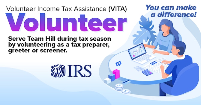 The 75th Air Base Wing Legal Office is looking for volunteers to work in Hill Air Force Base's free income tax filing center as part of the Volunteer Income Tax Assistance program. The training will be held Jan. 13-17, 2020, and people can volunteer to help the tax center from Jan. 17 through tax filing day April 15. (U.S. Air Force graphic by Kent Bingham)