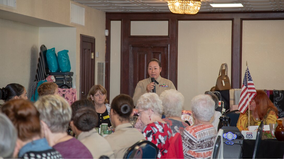 Master Sergeant Tianna Tien, communications chief aboard Marine Corps Logistics Base Barstow, is the guest speaker at the Barstow Women’s Club annual “Salute to Women in the Military” luncheon held at Los Domingos restaurant, Barstow, California, Nov. 6. Barstow Women’s Club was established in 1922 as a women’s service organization and continues to support local events, charities, schools, scholarships, veterans, foster children and more.