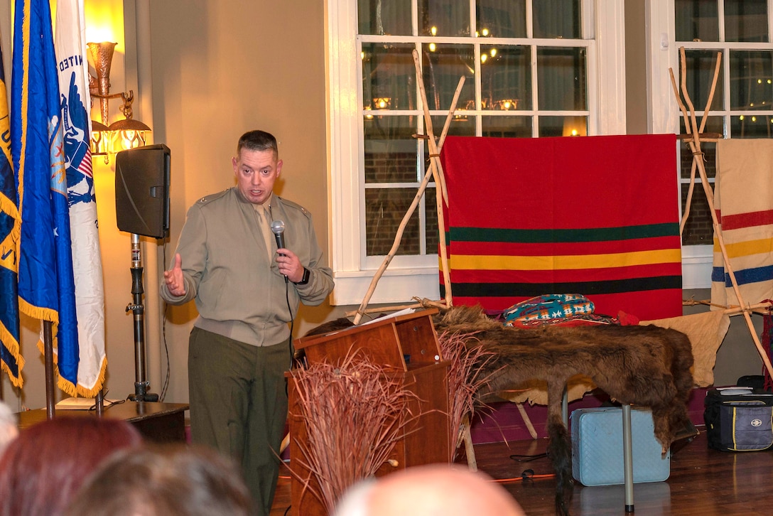 Lieutenant Colonel Micheal Graham, 1st Force Storage Battalion commanding officer, speaks to the audience about his appreciation for the Navajo Code Talkers and their families during the annual Troops and Trains event at the Harvey House, Barstow, Calif., Nov. 6.