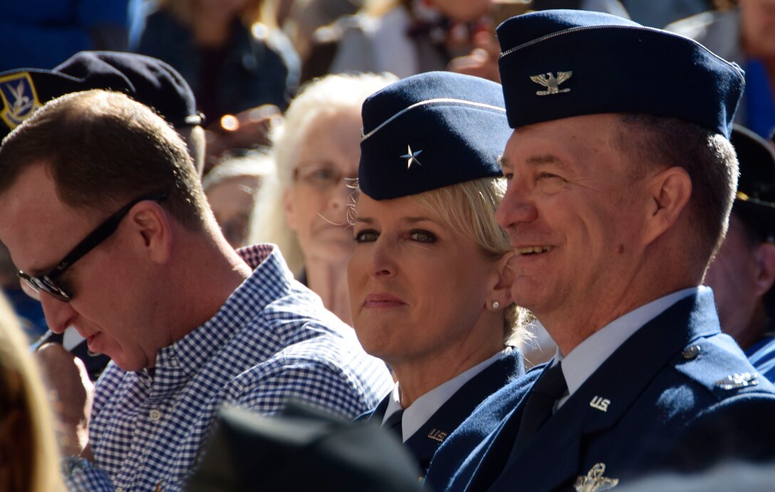 Brig. Gen. Laura L. Lenderman, 502nd Air Base Wing commander and Col. Terry W. McClain, 433rd Airlift Wing commander, await the start of the U.S. Military Veteran's Parade Association wreath presentation at the Alamo in downtown San Antonio, Texas, Nov. 9, 2019. (U.S. Air Force photo by Staff Sgt. Lauren M. Snyder)