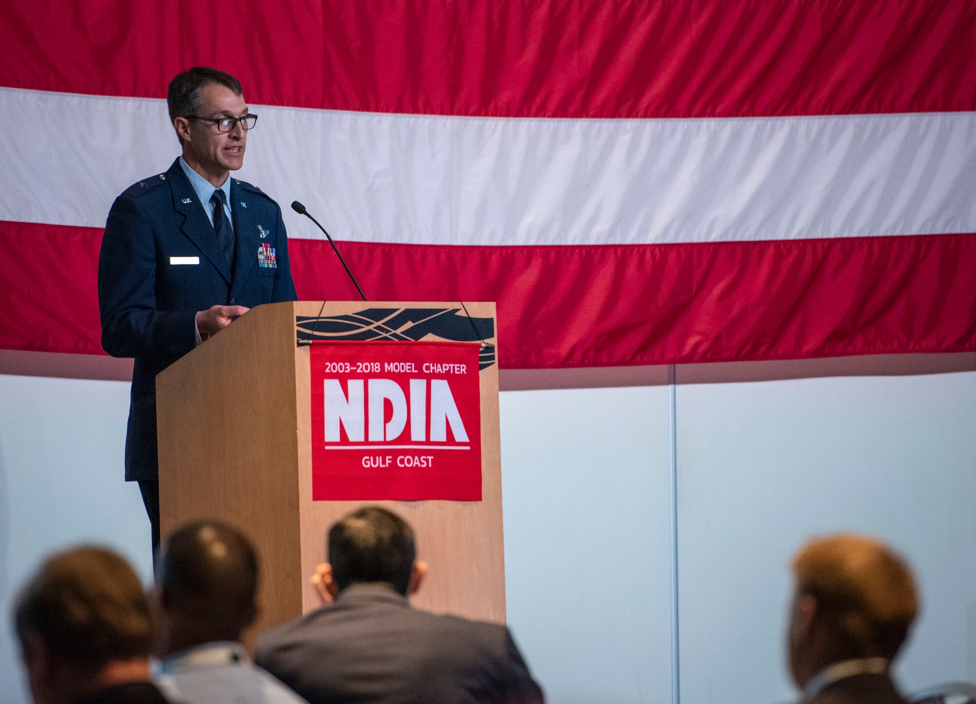 Brig. Gen. Scott Cain, 96th Test Wing commander, speaks at The National Defense Industrial Association’s Gulf Coast Chapter’s 45th Armament Symposium Nov. 6 in Fort Walton Beach, Fla.