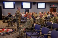 Joint Task Force Civil Support Commanding General U.S. Army Maj. Gen. William “Bill” Hall speaks during a holiday safety stand down at the command’s headquarters. Hall held a question and answer session, and gave and received feedback from the staff regarding command policies, procedures, ideas and concerns. (Official DoD photo by Mass Communication Specialist 3rd Class Michael Redd/RELEASED)