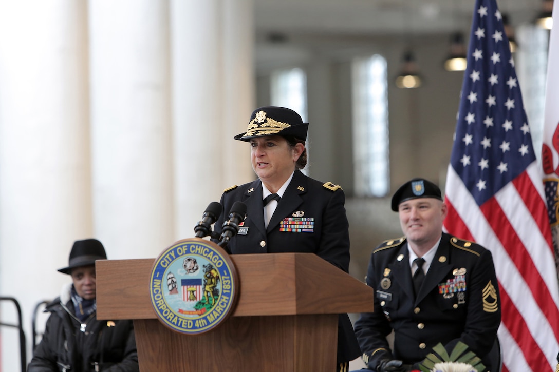 Brig. Gen. Kris A. Belanger, Commanding General, 85th U.S. Army Reserve Support Command, speaks to an audience of veterans, community leaders and local citizens at Soldier Field during the City of Chicago’s Veteran’s Day commemoration, November 11, 2019.