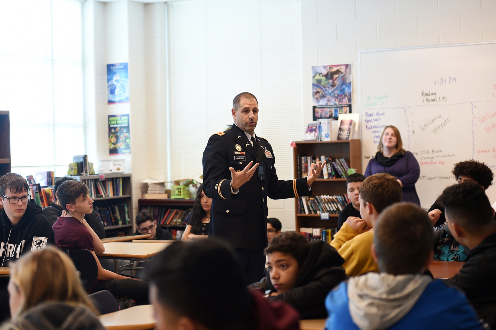 Col. Daniel Jaquint, G-3 operations, 85th U.S. Army Reserve Support Command, talks to students at Hampshire High School during a Veteran’s Day ceremony there, November 11, 2019.