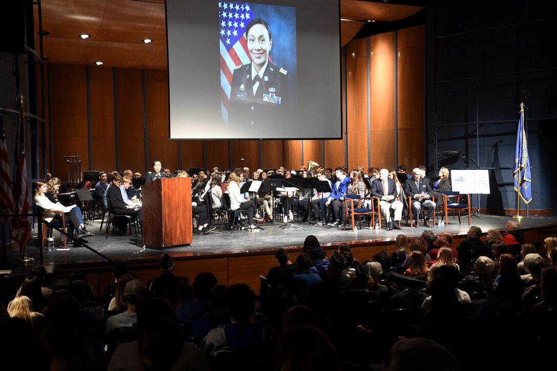 Lt. Col. Vickie Argueta, Equal Opportunity Advisor, 85th U.S. Army Reserve Support Command, speaks to an audience of students, veterans and area residents at Lake Forest High School during their Veteran’s Day ceremony, November 11, 2019.