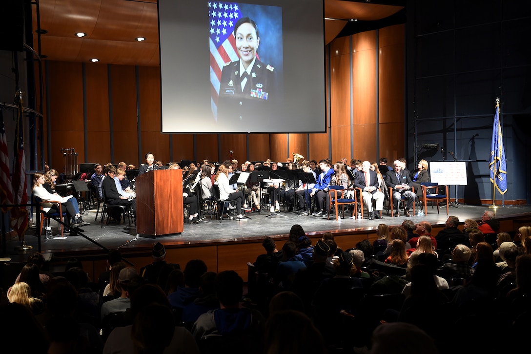 Lt. Col. Vickie Argueta, Equal Opportunity Advisor, 85th U.S. Army Reserve Support Command, speaks to an audience of students, veterans and area residents at Lake Forest High School during their Veteran’s Day ceremony, November 11, 2019.