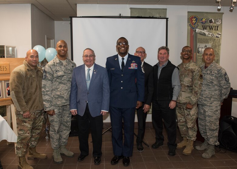 Chief Master Sgt. Wendell Snider, 366th Fighter Wing command chief, along with current and prior chiefs from Mountain Home Air Force Base, pose for a picture after a ceremony, Nov. 11, 2019. The ceremony entails honoring MHAFB’s top enlisted leaders who’ve served in the 366th FW as senior enlisted advisors. (U.S. Air Force photo by Senior Airman Tyrell Hall)