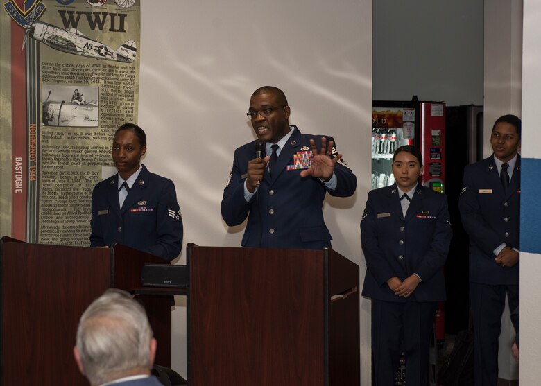 Chief Master Sgt. Wendell Snider, 366th Fighter Wing command chief, speaks at the Chief Legacy ceremony, Nov. 11, 2019, at Mountain Home Air Force Base, Idaho. This is the first time a chief documentation program has been created at MHAFB, honoring prior command chiefs and displaying their pictures on a plaque in chronological order. (U.S Air Force photo by Senior Airman Tyrell Hall)