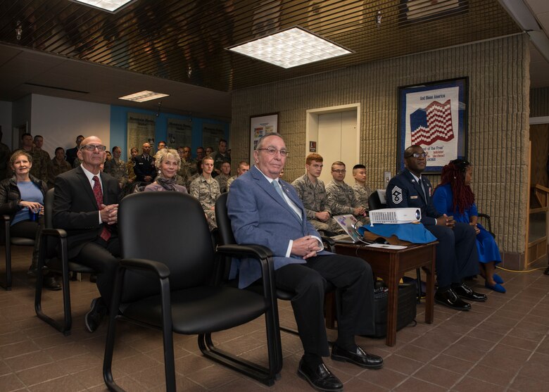 The 366th Fighter Wing attends the Chief Legacy ceremony, Nov. 11, 2019, at Mountain Home Air Force Base, Idaho. This is the first time a chief documentation program has been created at MHAFB, honoring prior command chiefs and displaying their pictures on a plaque in chronological order. (U.S. Air Force photo by Senior Airman Tyrell Hall)
