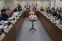 Army Gen. Mark A. Milley, chairman of the Joint Chiefs of Staff, and Chairman of the Republic of Korea Joint Chiefs of Staff Gen. Hanki Park participate in the 44th Republic of Korea and U.S. Military Committee Meeting at the Ministry of National Defense in Seoul, Republic of Korea, Nov. 14, 2019.