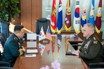 Army Gen. Mark A. Milley, chairman of the Joint Chiefs of Staff, meets with Chairman of the Republic of Korea Joint Chiefs of Staff Gen. Hanki Park during the 44th Republic of Korea and U.S. Military Committee Meeting at the Ministry of National Defense in Seoul, Republic of Korea, Nov. 14, 2019.