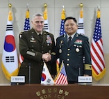 Army Gen. Mark A. Milley, chairman of the Joint Chiefs of Staff, and Chairman of the Republic of Korea Joint Chiefs of Staff Gen. Hanki Park pose for a photo during the 44th Republic of Korea and U.S. Military Committee Meeting at the Ministry of National Defense in Seoul, Republic of Korea, Nov. 14, 2019.
