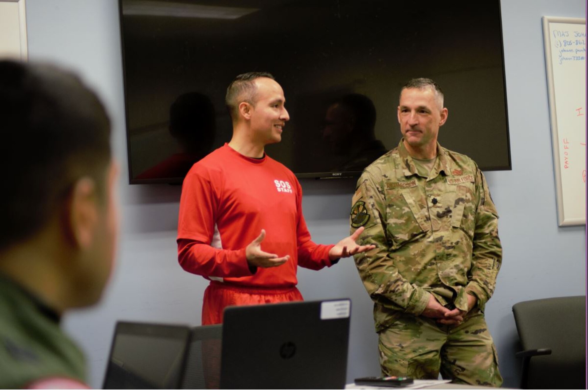 Major Johann Pambianchi (left), B-20 Flight commander, 31st Student Squadron, Squadron Officer School, introduces Lt. Col. Duane Richardson as the flight’s senior mentor, Nov. 13, 2019. Richardson is an instructor for the Leader Development Course for Squadron Command at the Ira C. Eaker Center for Leadership Development. He and more than three dozen other senior leaders from across Air University and Maxwell volunteer their time to take part in SOS’s Senior Mentor Program, engaging with students multiple times throughout the 6.5-week school. (Courtesy photo)