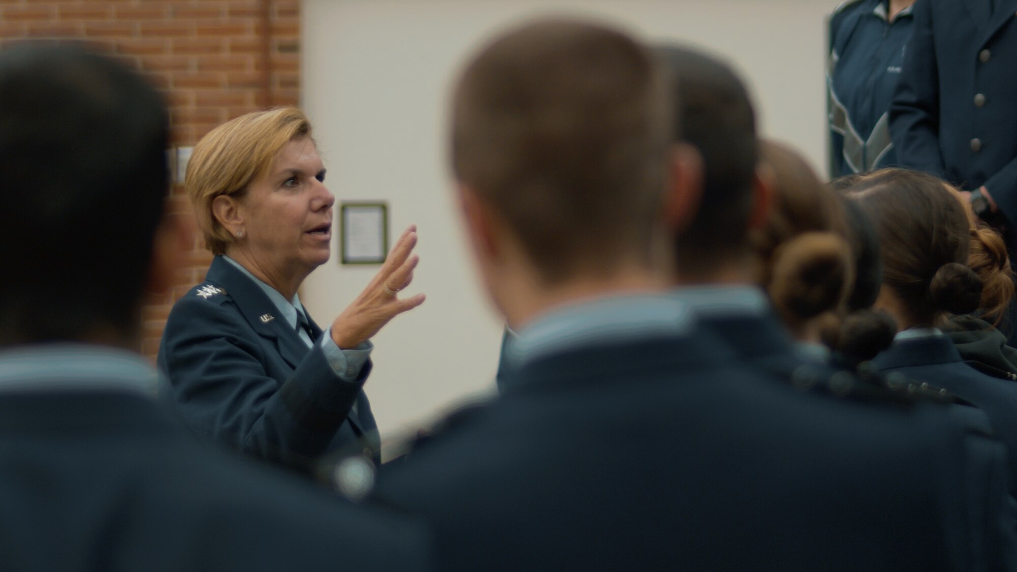 Retired Gen. Lori Robinson speaks with cadets at Air Force ROTC Detachment 475, University of New Hampshire, Nov. 12, 2019. Robinson was at her alma mater and former detachment to receive the Air Force ROTC Distinguished Alumni Award, presented by the commander of Headquarters AFROTC. Her last assignment before retiring in July 2018 after serving 37 years was as commander United States Northern Command and North American Aerospace Defense Command. (Photo by Billy Blankenship)