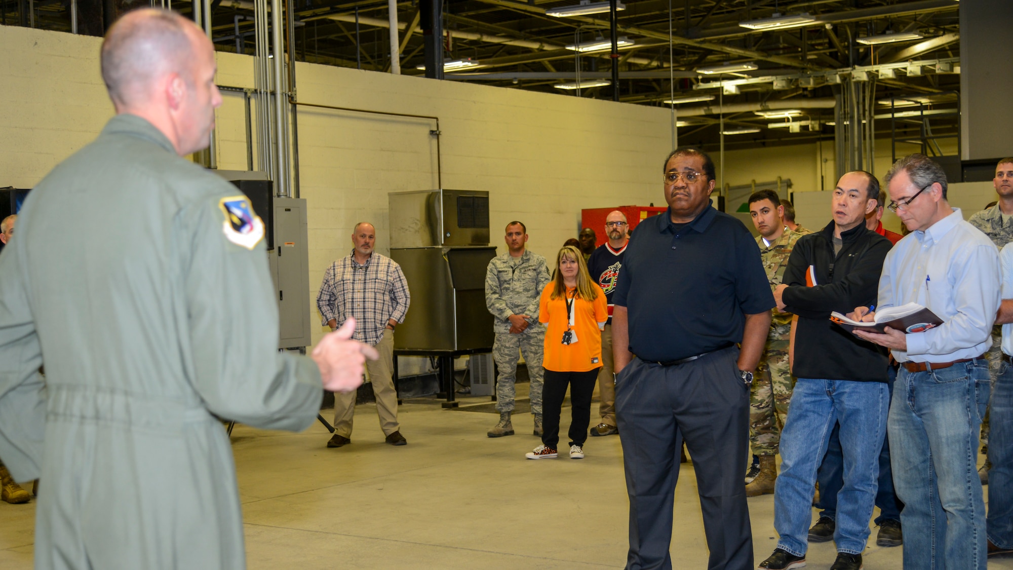 Brig. Gen. E. John Teichert, 412th Test Wing Commander, talks to members of the 412th Maintenance Group during the Eddie's Challenge 19.2 kick-off event at Edwards Air Force Base, Nov. 8. (Air Force photo by Giancarlo Casem)