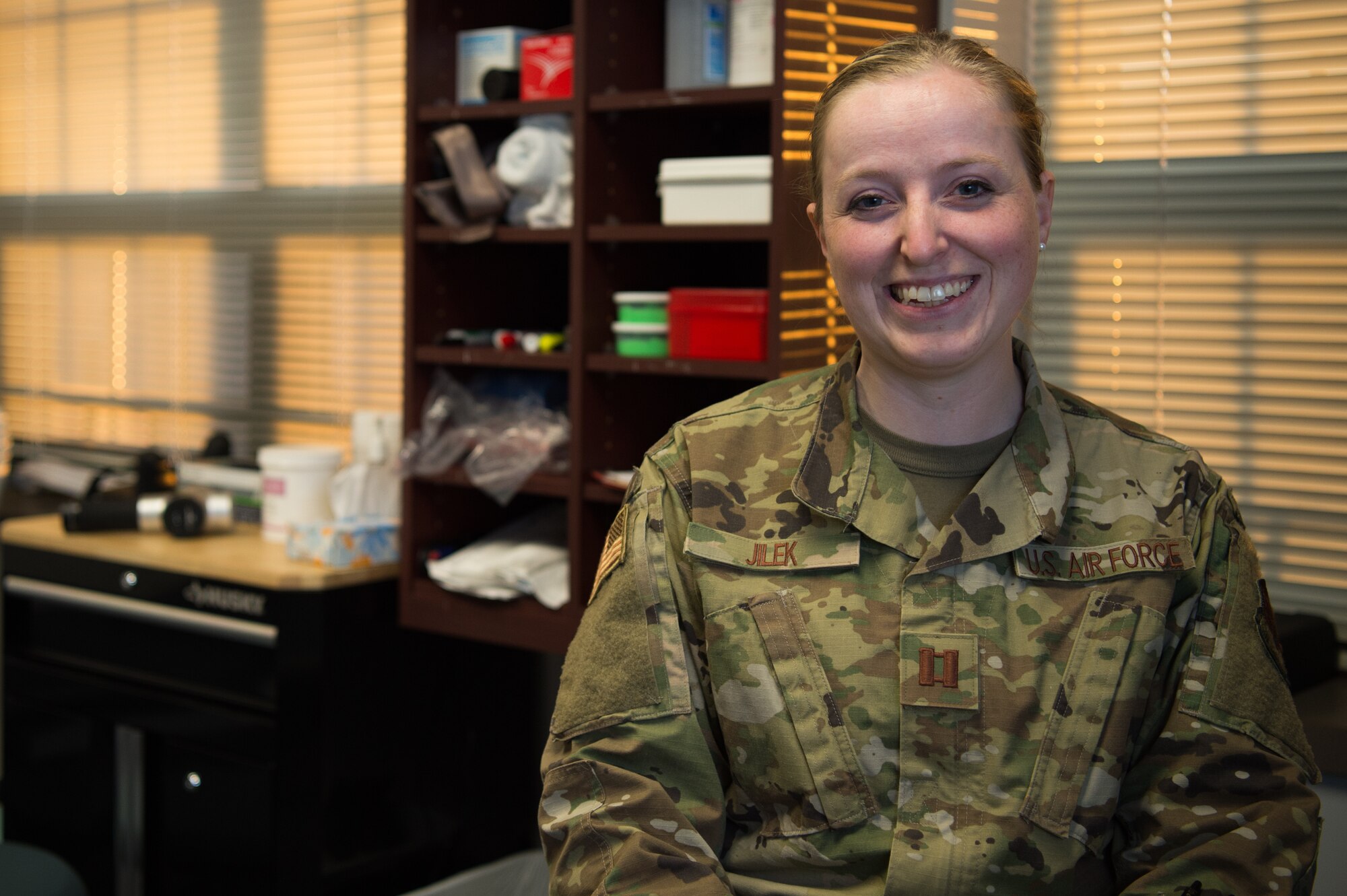 U.S. Air Force Capt. Michelle Jilek, is a physical therapist assigned to the 633rd Medical Operations Squadron, but has been embedded part time with the 1st Fighter Wing to help increase mission effectiveness.