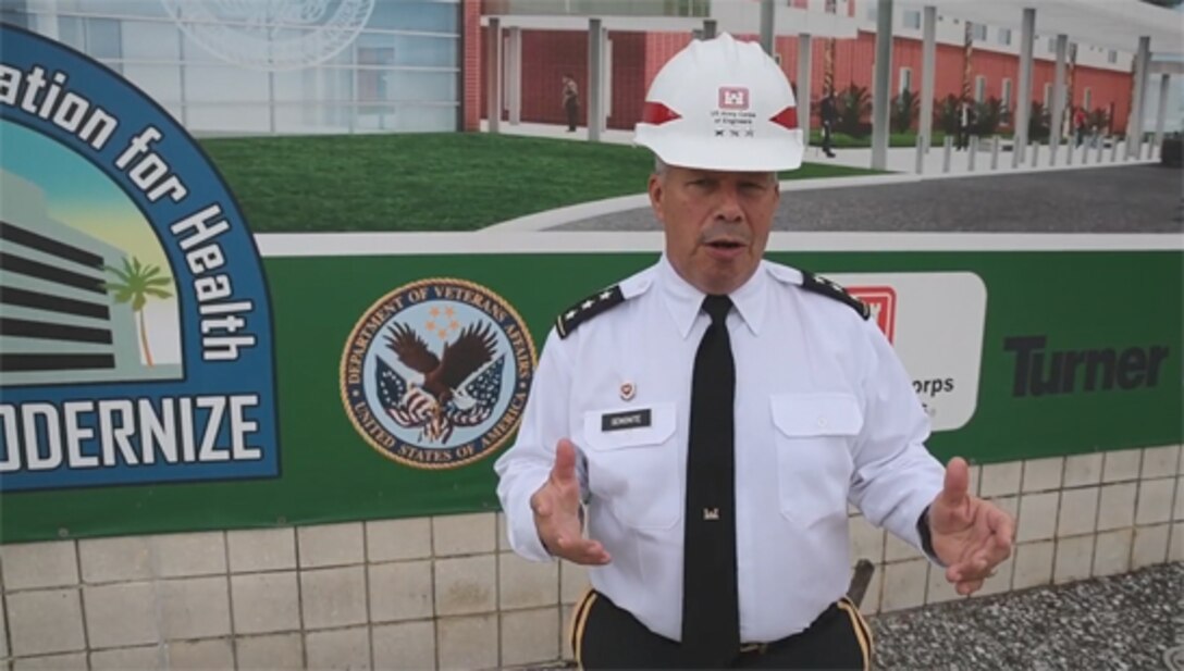 The Mobile District and U.S. Army Corps of Engineers' Chief of Engineers celebrated a milestone of sorts when Lieutenant General Todd Semonite visited the James A. Haley V.A. Medical Center Bed Tower site in Tampa, Fla., on Nov. 8, 2019.