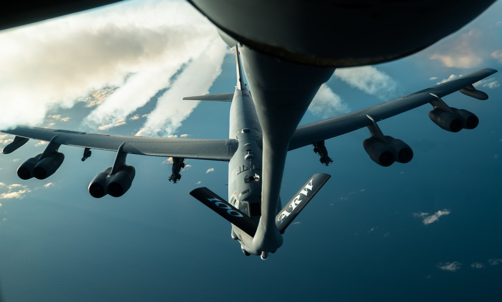 A U.S. Air Force B-52H Stratofortress, assigned to the 2nd Bomb Wing from Barksdale Air Force Base, Louisiana, prepares to receive fuel from a 100th Air Refueling Wing KC-135 Stratotanker over the Arctic during Bomber Task Force 20-1, Nov. 6, 2019. This deployment allows aircrews and support personnel to conduct theater integration and improve bomber interoperability with joint partners and allied nations. (U.S. Air Force photo by Staff Sgt. Trevor T. McBride)