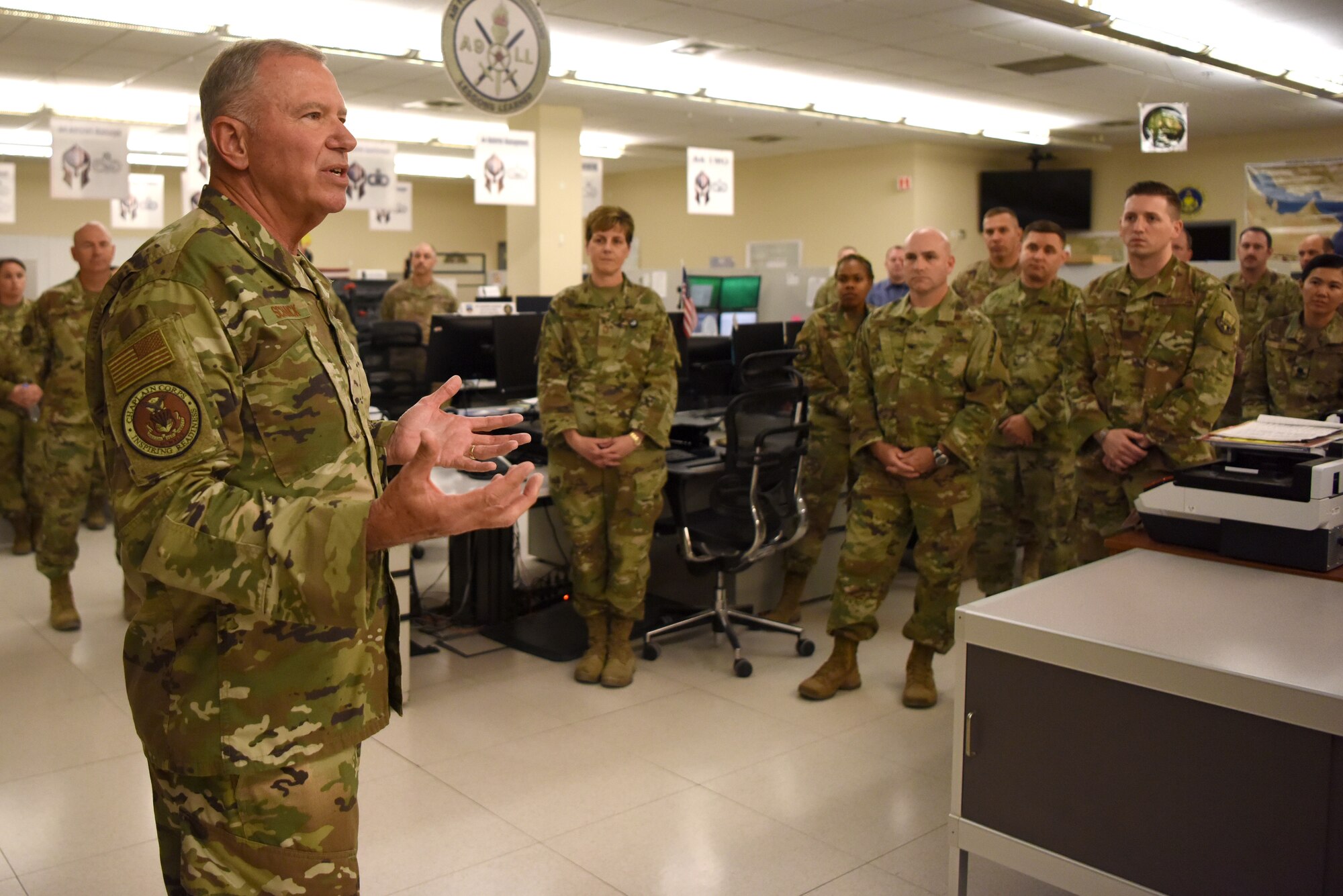 Chaplain Maj. Gen. Steven Schaick, U.S. Air Force Chief of Chaplains, visited the Combined Air Operations Center at Al Udeid Air Base, Qatar, Nov. 7, 2019.