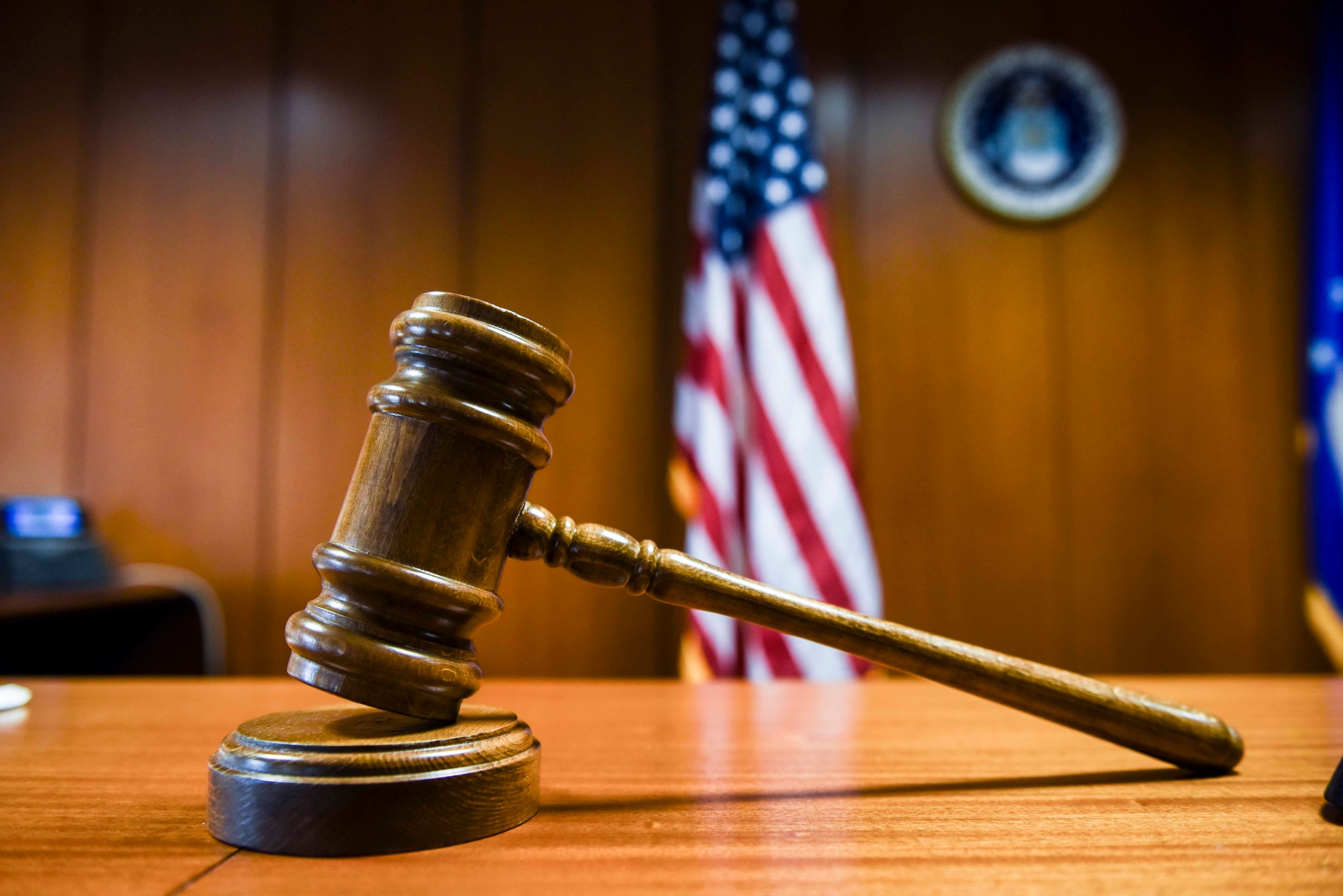 A gavel rests on the judge’s bench in the courtroom of the 39th Air Base Wing legal office at Nov. 14, 2019, at Incirlik Air Base, Turkey. The Incirlik community recently witnessed its first U.S. Air Force court-martial since 2015. (U.S. Air Force photo by Staff Sgt. Joshua Magbanua)