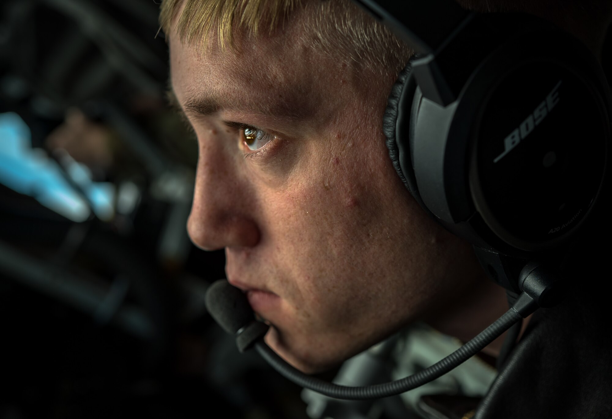 U.S. Air Force Airman 1st Class Noah Rutan, 100th Air Refueling Wing KC-135 Stratotanker boom operator, prepares to refuel a U.S. Air Force B-52 Stratofortress during Bomber Task Force 20-1, Nov. 4, 2019. This deployment allows aircrews and support personnel to conduct theater integration and improve bomber interoperability with joint partners and allied nations. (U.S. Air Force photo by Staff Sgt. Trevor T. McBride)