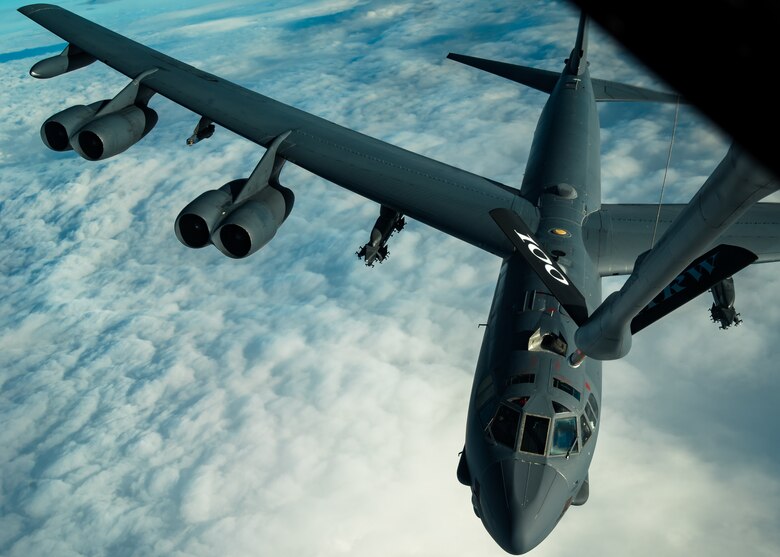 A U.S. Air Force B-52H Stratofortress, assigned to the 2nd Bomb Wing from Barksdale Air Force Base, Louisiana, prepares to receive fuel from a 100th Air Refueling Wing KC-135 Stratotanker during Bomber Task Force 20-1, Nov. 4, 2019. This deployment allows aircrews and support personnel to conduct theater integration and improve bomber interoperability with joint partners and allied nations. (U.S. Air Force photo by Staff Sgt. Trevor T. McBride)