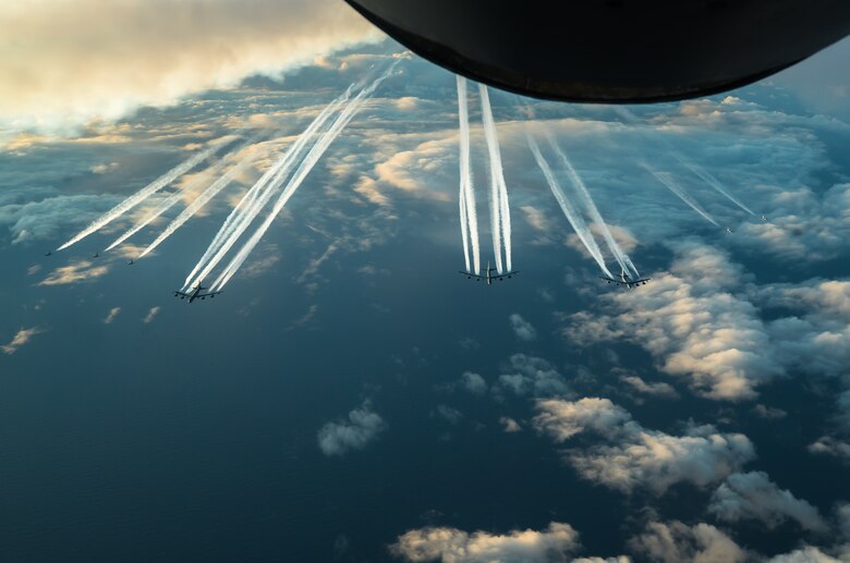 Three U.S. Air Force B-52H Stratofortress aircraft, assigned to the 2nd Bomb Wing from Barksdale Air Force Base, Louisiana, and five Royal Norwegian Air Force F-16 Fighting Falcons fly together toward the Barents Sea region of the Arctic during Bomber Task Force 20-1, Nov. 6, 2019. This deployment allows aircrews and support personnel to conduct theater integration and improve bomber interoperability with joint partners and allied nations. (U.S. Air Force photo by Staff Sgt. Trevor T. McBride)